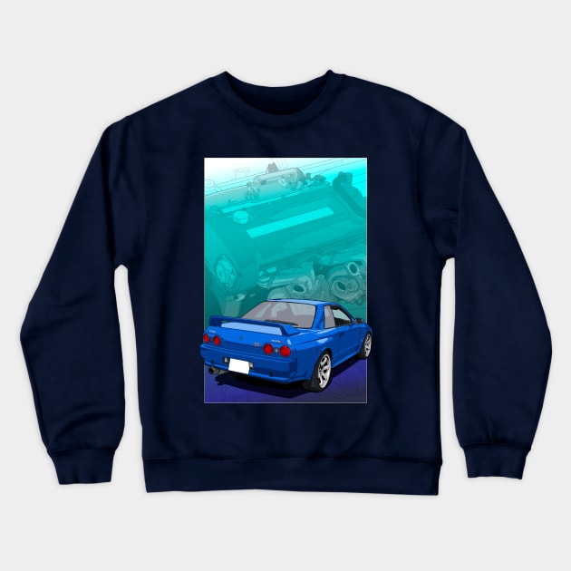 Nissan Skyline GTR R32 (with RB26 background) Crewneck Sweatshirt by ArtyMotive